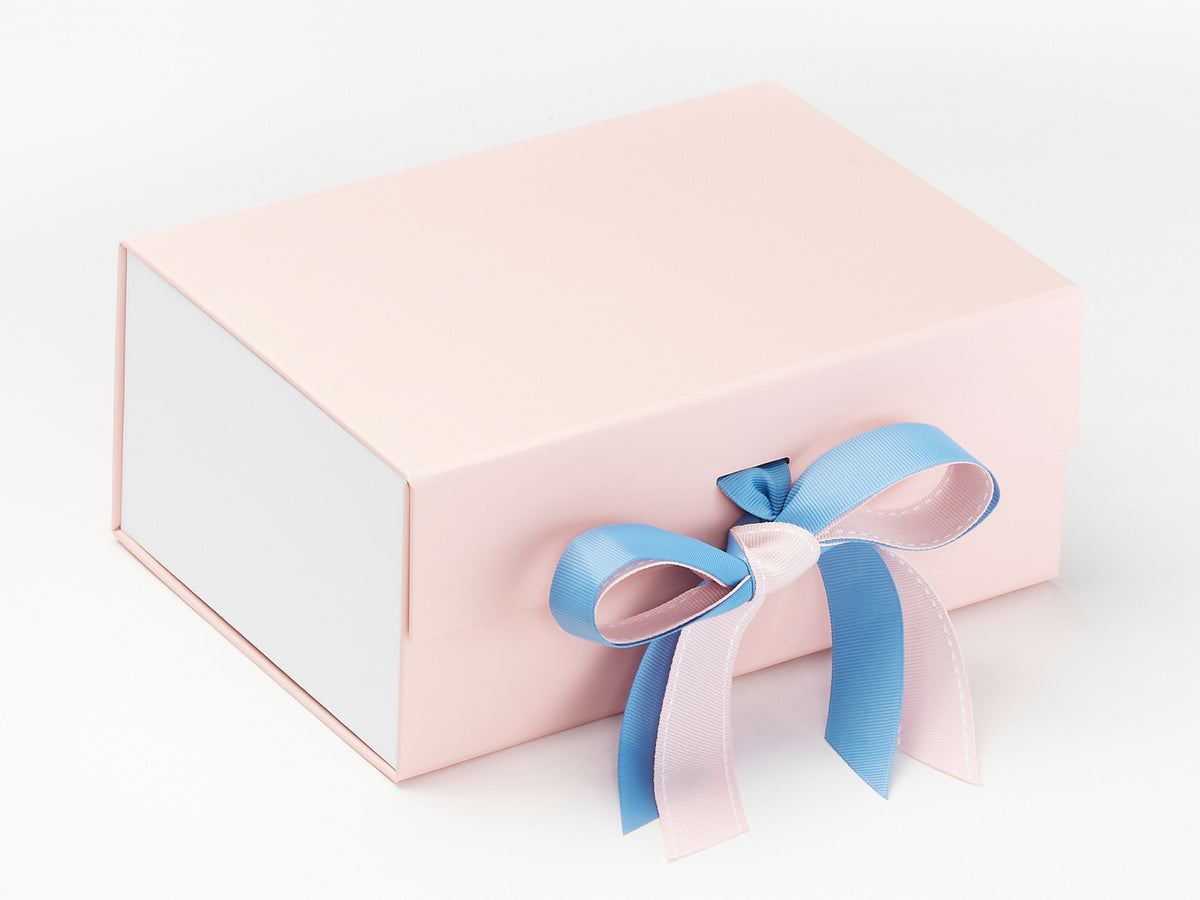 White Gloss FAB Sides® Decorative Side Panels Featured on Pale Pink A5 Deep Gift Box with Porcelain Blue Double Ribbon