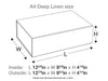 Diagram of an A4 deep linen size box with dimensions labeled in inches