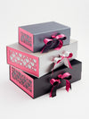 Hot Pink Satin Ribbon Featured with Hot Pink Hearts FAB Sides® on Pewter, Silver and Black Gift Boxes