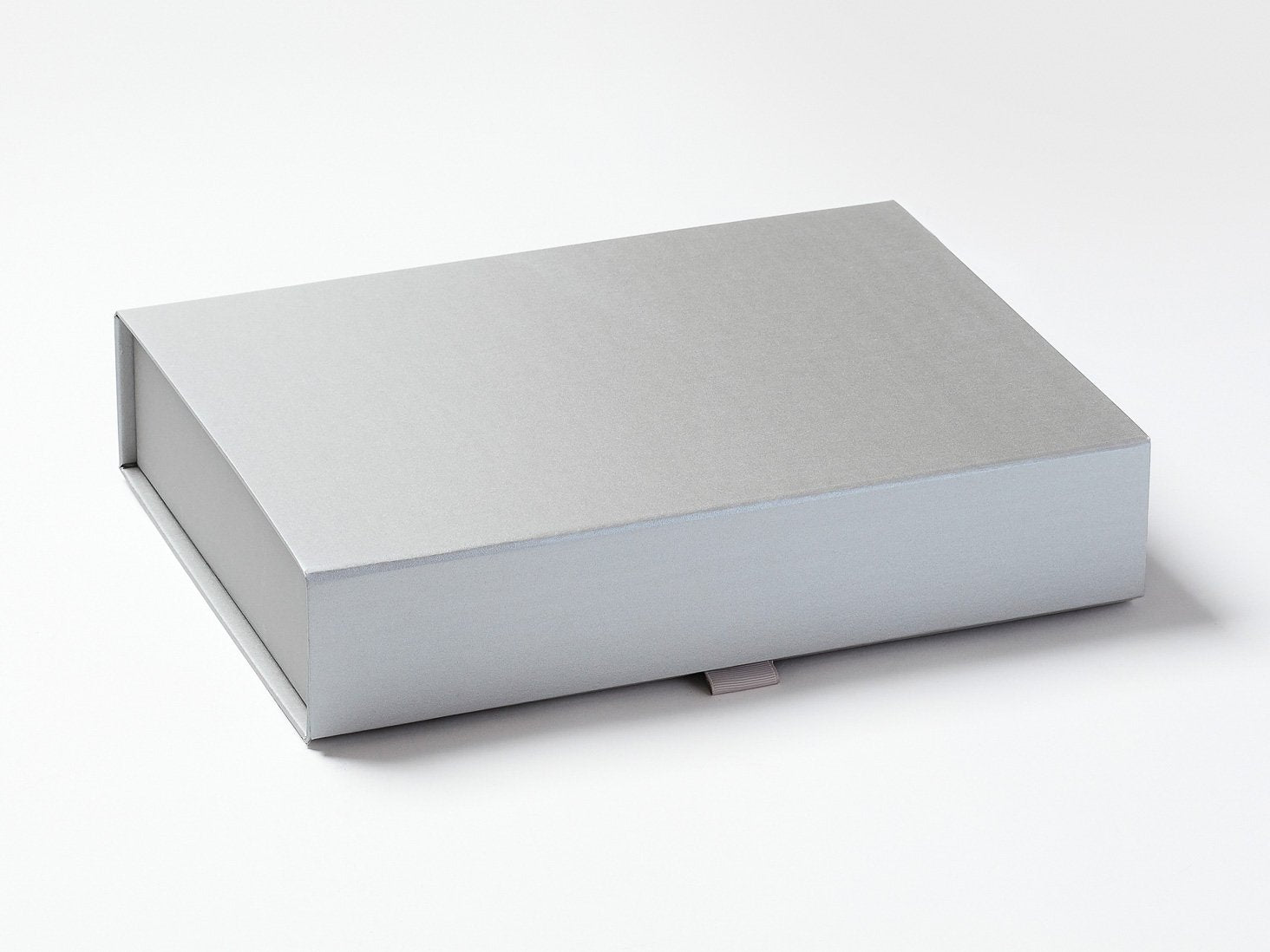 Silver A4 Shallow Gift Box Sample with Silver Gray Ribbon Tab Loop