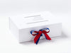 White A4 Deep Gift Box with Cobalt Blue and Hot Red Ribbon Bow and White Photo Frame