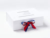 Example Of Cobalt Blue and Hot Red Double Ribbon Bow Featured on White A4 Deep Gift Box with White Photo Frame