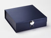 Silver Metallic Dome Gift Box Closure Featured on Navy Blue Medium Gift Box