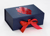 Navy Blue Gift Box with Bright Red Ribbon and Custom Red Foil Logo