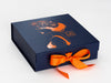 Navy Blue Gift Box with Custom Printed Orange Foil Design and Tangerine Orange Ribbon