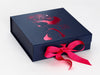 Navy Blue Gift Box with Custom Pink Foil Design and Pink Ribbon