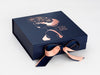 Navy Blue Gift Box with Custom Printed Rose Gold Foil Design and Additional Rose Gold Ribbon