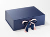 Example of Pale Pink Recycled Satin Ribbon Featured on Navy Blue A4 Deep Gift Box