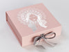 Pale Pink Folding Gift Box with Custom Silver Foil Printed Design and Silver Gray Ribbon