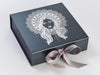 Pewter Folding Gift Box with Shiny Silver Foil Logo design and silver ribbon