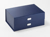 Example of Sample Silver Metal Slot Decal Labels Featured on Navy Blue A5 Deep Gift Box