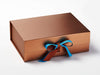 Example Of Vivid Blue Double Ribbon Bow Featured on Copper A4 Deep Gift Box
