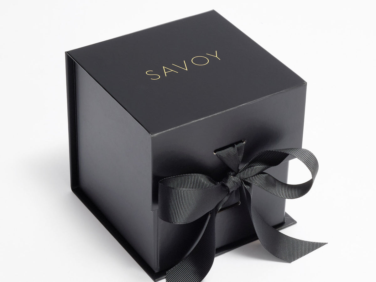 Black Small Cube gift box with 'Savoy' Gold Foil branding and a black ribbon on a white background