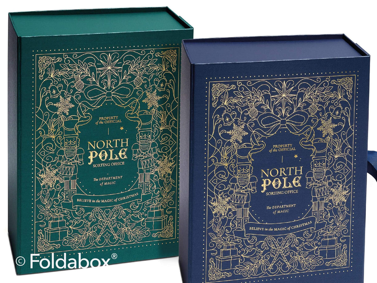 Forest Green and Navy A4 Deep gift boxes with Gold foil 'North Pole' designs to lid