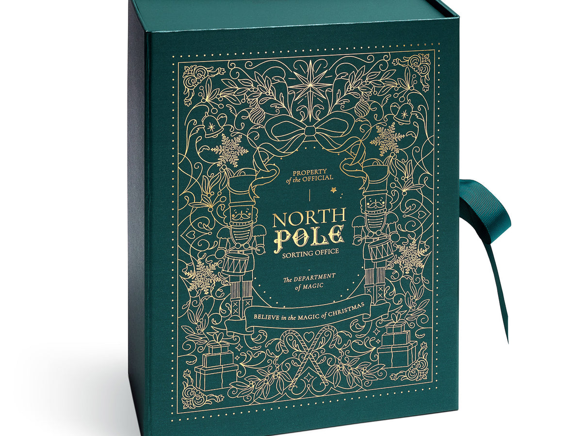 Forest Green A4 Deep Gift box with gold foil printed 'North Pole' design on a white background