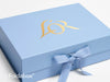 L'Or Gold Foil Debossed Logo on Pale Blue A4 Deep Gift Box with Changeable Stitched Ribbon Tie