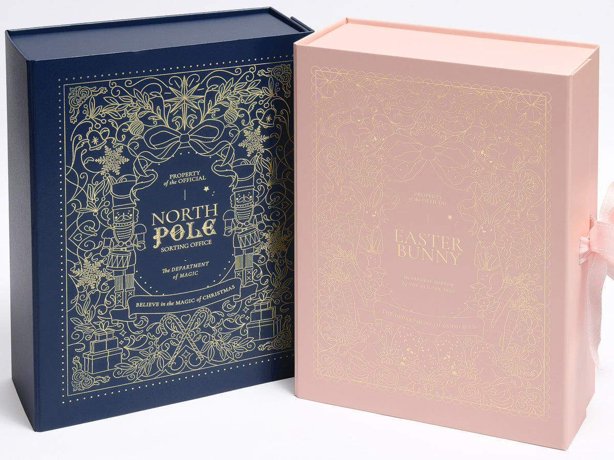 Navy and Pink A4 Deep gift boxes with Gold foil print to lid on white background
