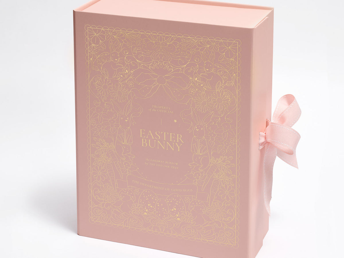 Gold foil 'Easter Bunny' design on Pink A4 Deep gift boxes with Changeable ribbon
