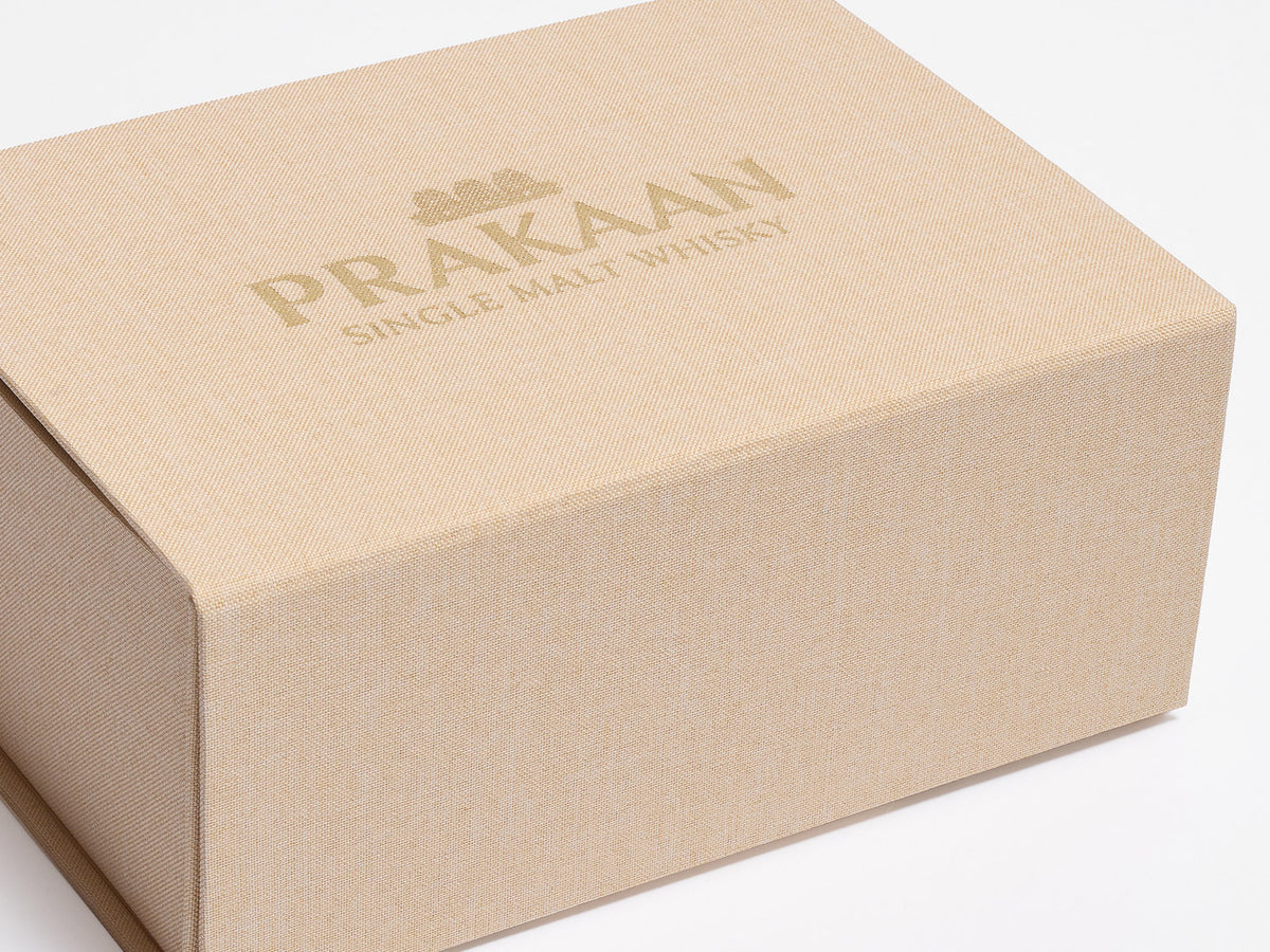 Prakaan Whisky logo in Gold Foil Print on Hessian Linen A5 Deep Gift Boxes No Ribbon