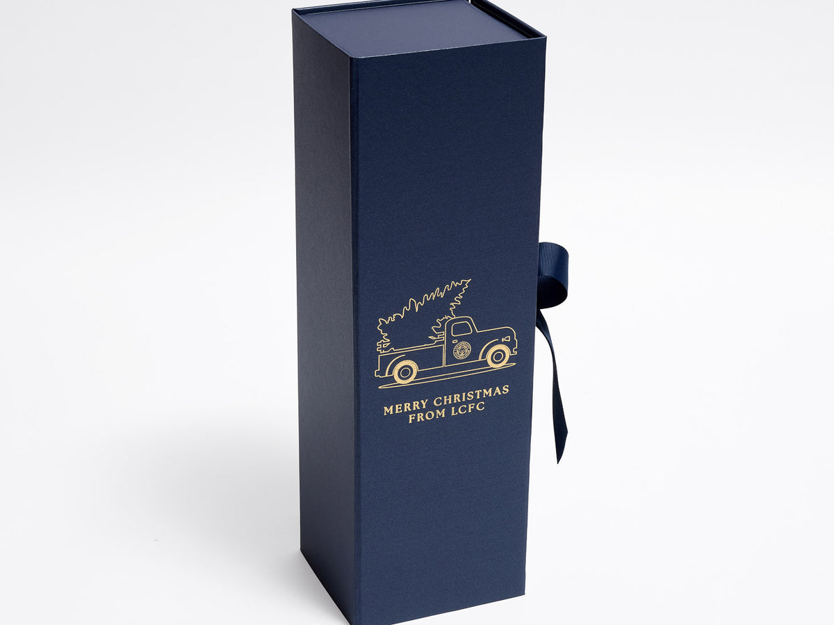 LCFC Gold foiled logo on Navy Single Wine Bottle gift box with Ribbon tie