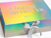 Holographic Rainbow A4 Deep Gift Box with 'festival survival kit' White Screen print with a Silver bow on a white background