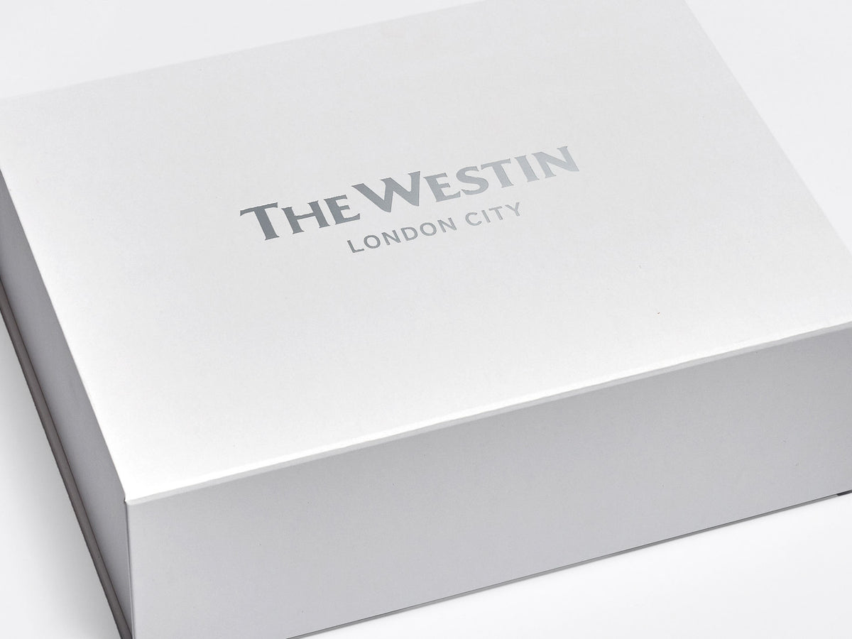 The Westin Silver Foiled Logo on A4 Deep White No Magnets No Ribbon Gift Boxes