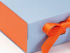 Orange FAB Sides® Decorative Side Panels Featured on Pale Blue A5 Deep Gift Box with Orange Double Ribbon Close Up