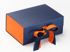 Orange FAB Sides® Decorative Side Panels Featured on Navy Blue A5 Deep Gift Box with Orange Double Ribbon