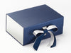 Metallic Silver Foil FAB Sides® Decorative Side Panels Featured on Navy Blue A5 Deep Gift Box  with Silver Sparkle Double Ribbon
