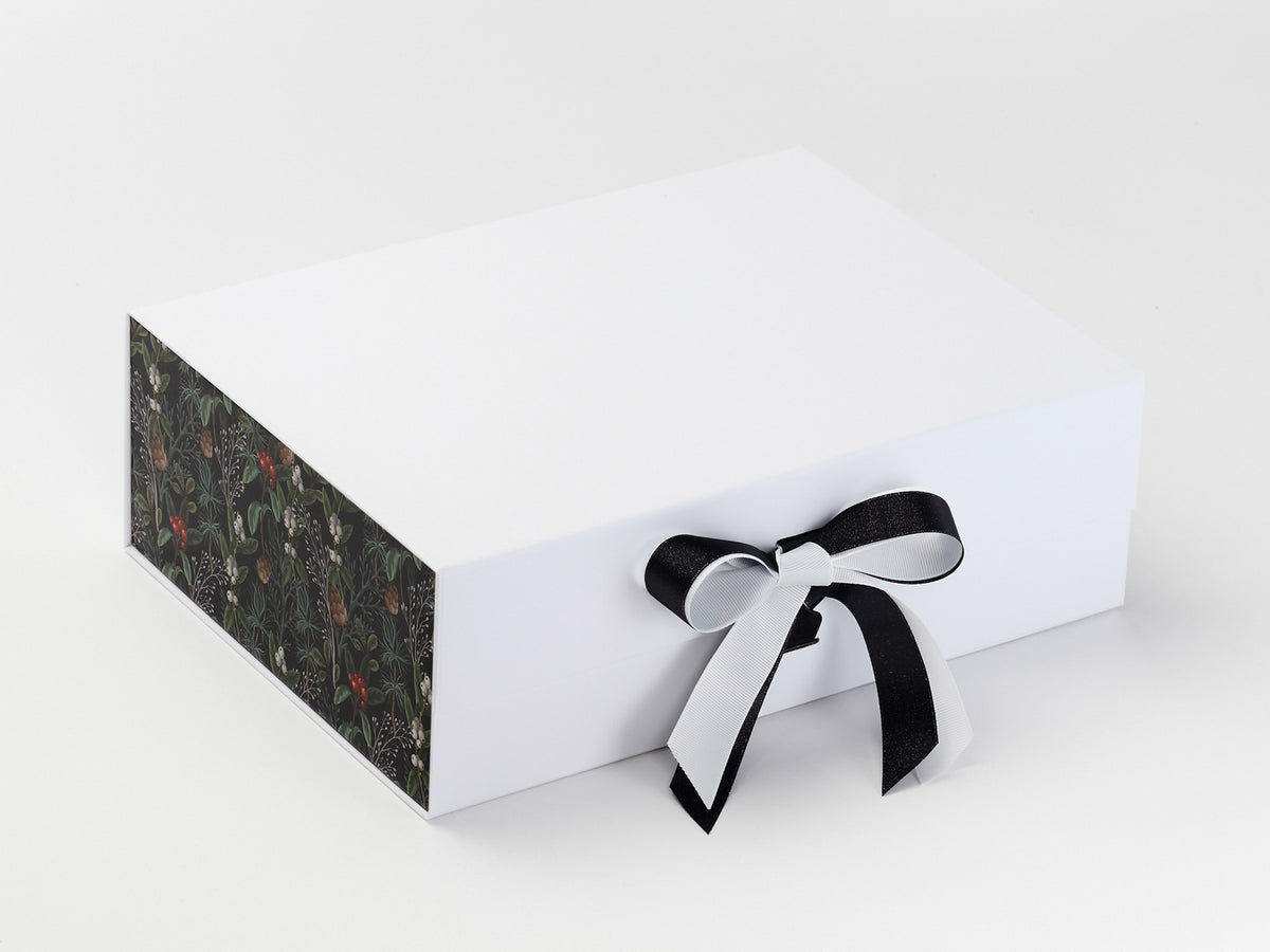 Xmas Mistletoe FAB Sides® Featured on White A4 Deep Gift Box with Black Sparkle Double Ribbon