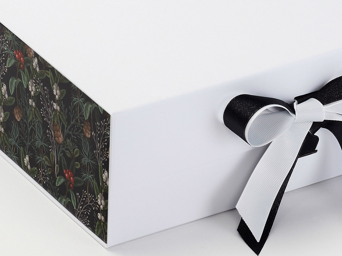 Xmas Mistletoe FAB Sides® Featured on White A4 Deep Gift Box with Black Sparkle Double Ribbon