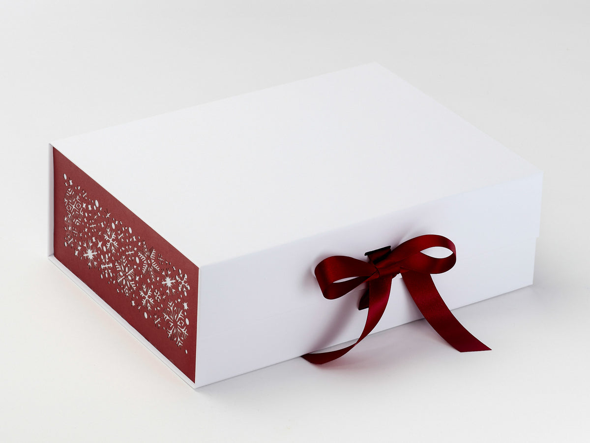 Red Snowflakes FAB Sides Featured on White A4 Deep Gift Box with Red Metallic Sparkle Ribbon