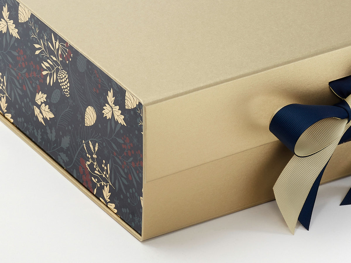 Xmas Pine Cones FAB Sides® Featured on Gold Gift Box with Peacoat Double Ribbon