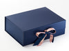 Sample Rose Gold Metallic Sparkle 80cm Satin Ribbon Featured on Navy Gift Box with Navy Textured FAB Sides®