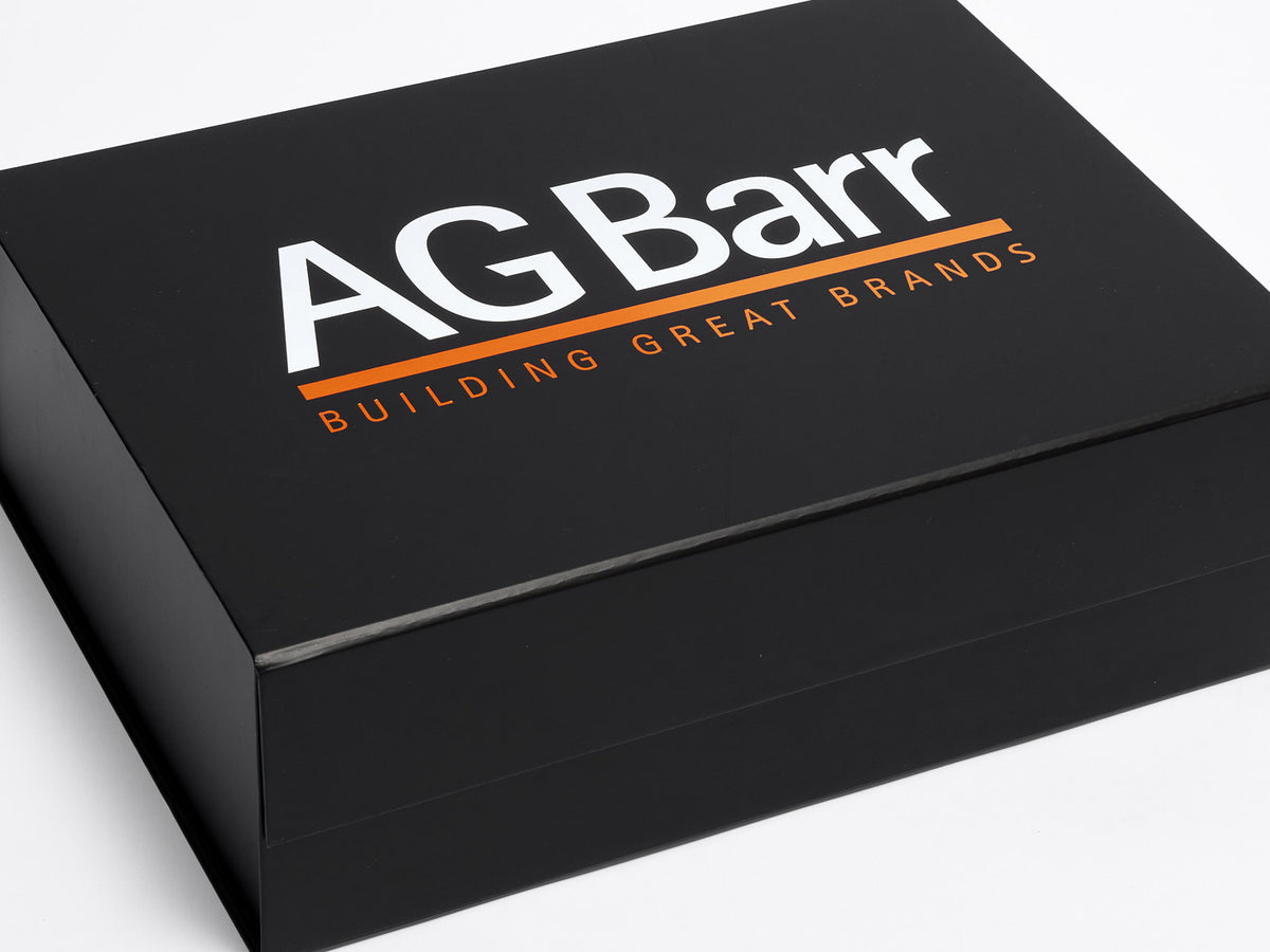 AG Barr 2-Colour White and Orange Foil Debossed Design on Black A4 Deep No Ribbon Gift Box