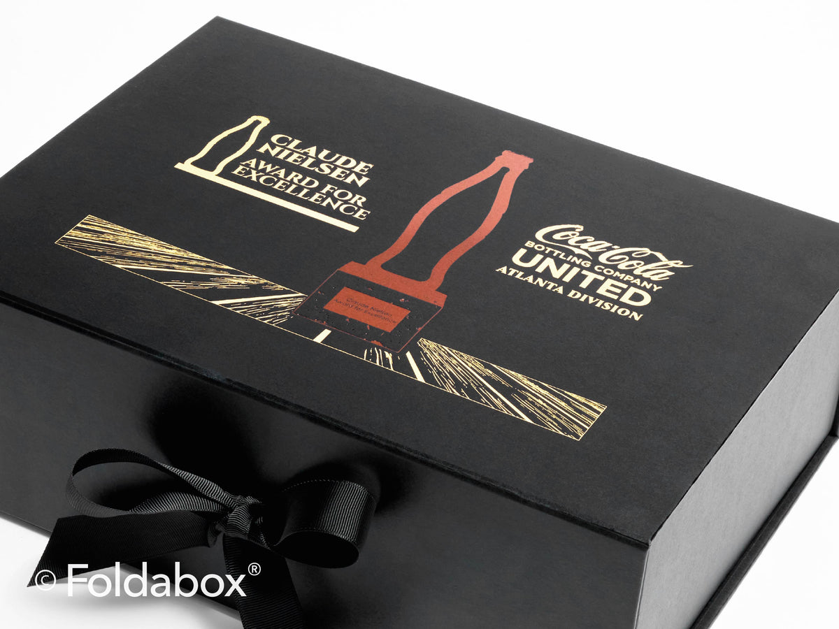 CocaCola Awards two colour gold and bronze foil on Black A4 Deep Gift Boxes with Changeable ribbons