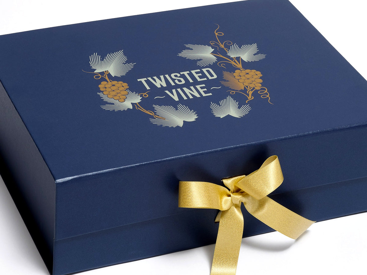 Twisted Vine Two Colour Screen Printed logo on Navy A4 Deep gift box with Changeable Gold Satin Sparkle ribbons