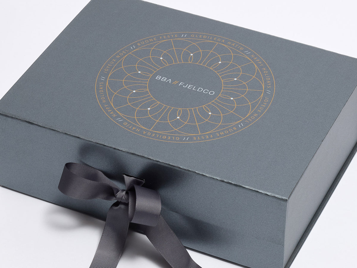 Pewter A4 Deep gift box with Changeable ribbon and 'BBA Fjeldco' logo in two colour Gold and White screen print