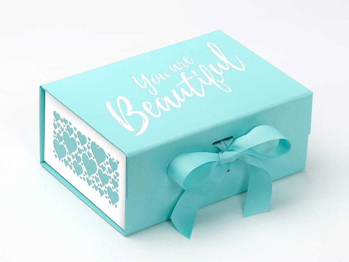 Robin Egg Blue A5 Deep Gift Box Featured with White Heart FAB Sides® and Custom White Logo Print to Lid