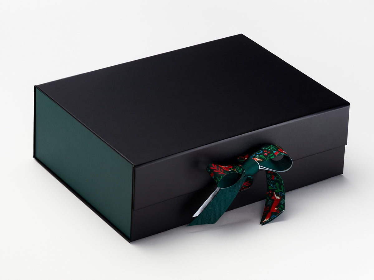 Foxy Friends Christmas Ribbon Featured on Black Gift Box with Hunter Green FAB Sides®