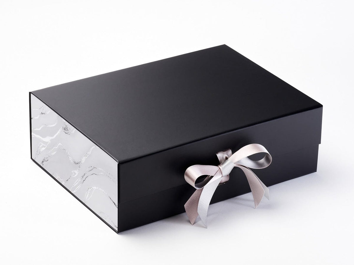 Silver Sparkle and Silver Satin Ribbon Featured with Smoke Grey FAB Sides® Featured on Black Gift Box