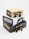 Black Hearts FAB Sides® Decorative Side Panels Featured on Gold, White and Black Gift Boxes