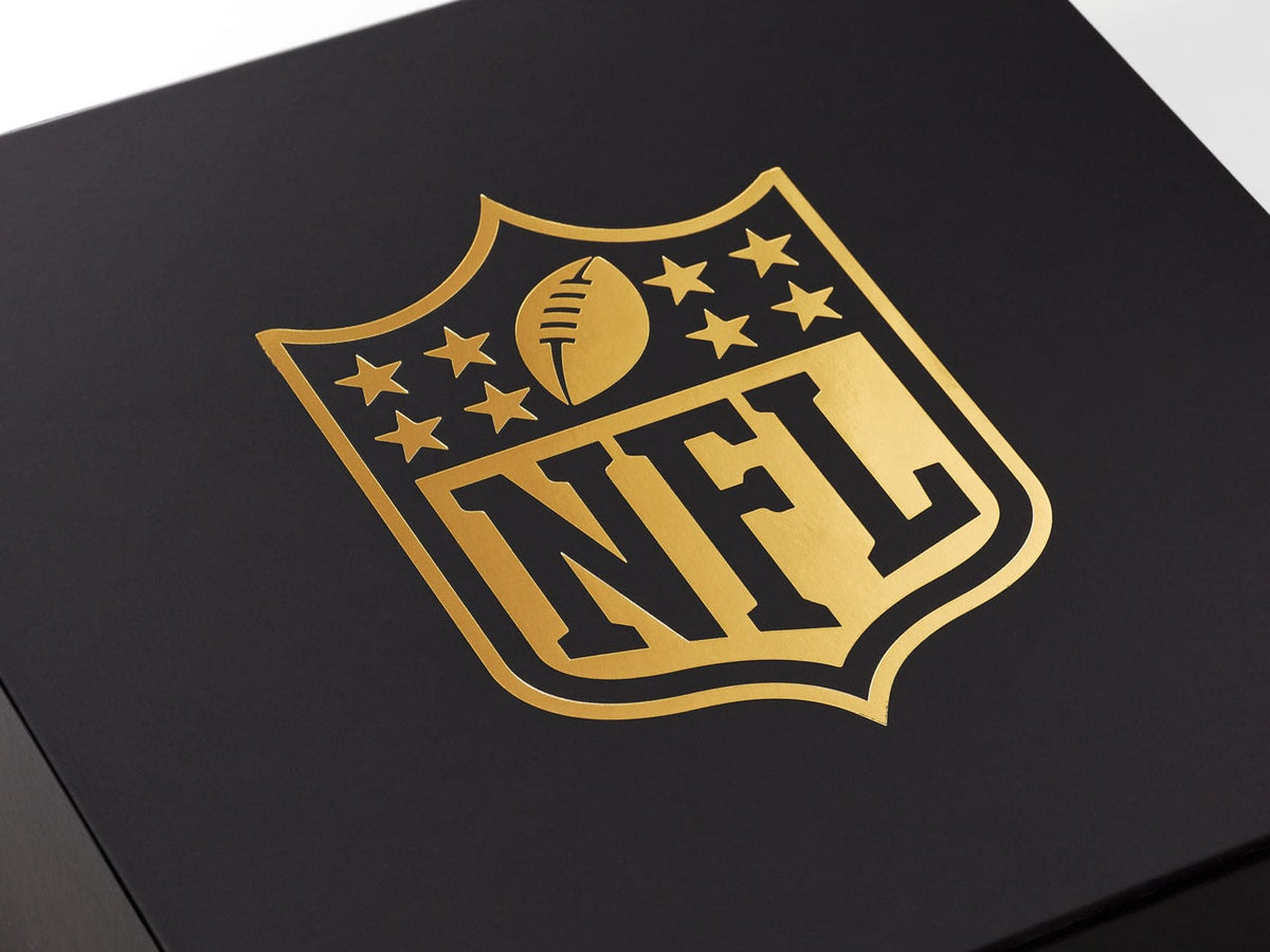 Gold NFL logo on a black gift box