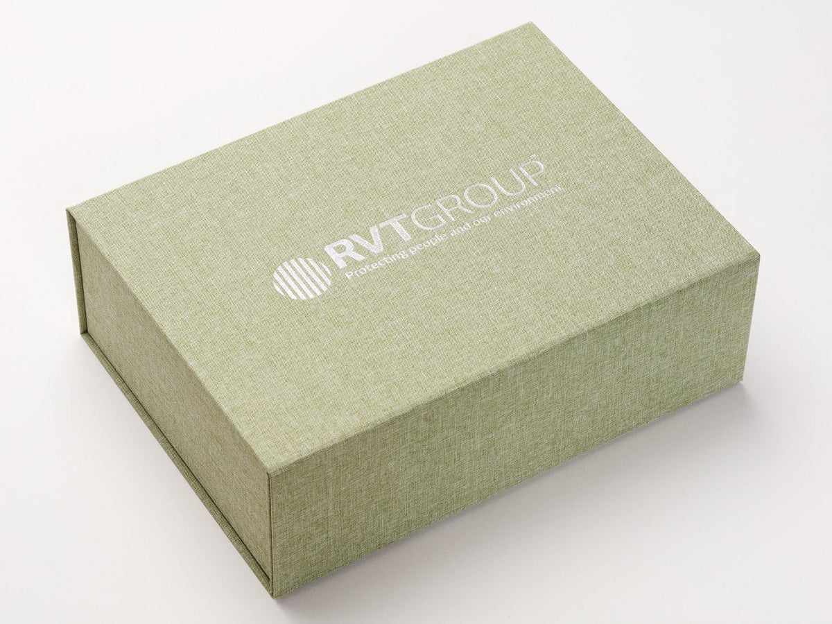 Sage Green Linen Gift Box with Silver Foil Custom Logo