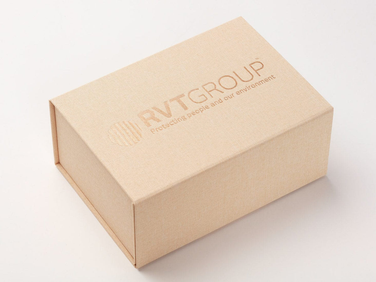 Hessian Linen A5 Deep Gift Box with Rose Gold Custom Foil Logo