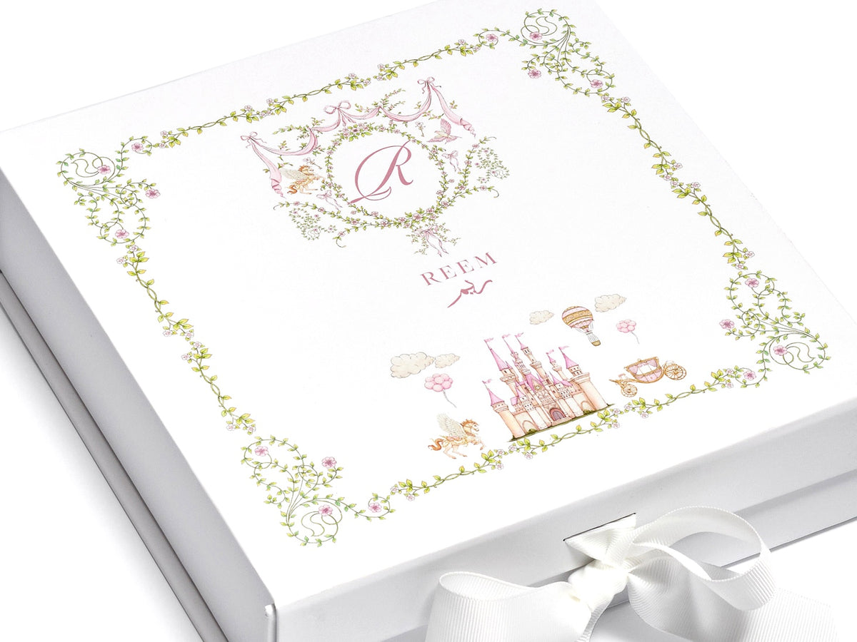 Multi-Colour Full Lid REEM Castle Design on White Medium Gift Boxes with Changeable Ribbon