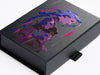 A6 Shallow Black box with a colourful woman graphic design in glossy digital print on a white background