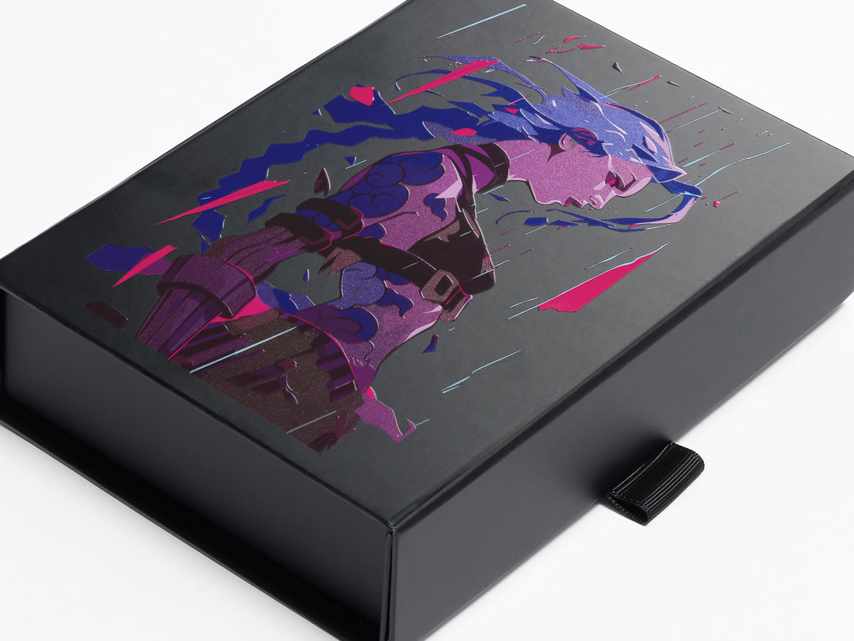 A6 Shallow Black box with a colourful woman graphic design in glossy digital print on a white background