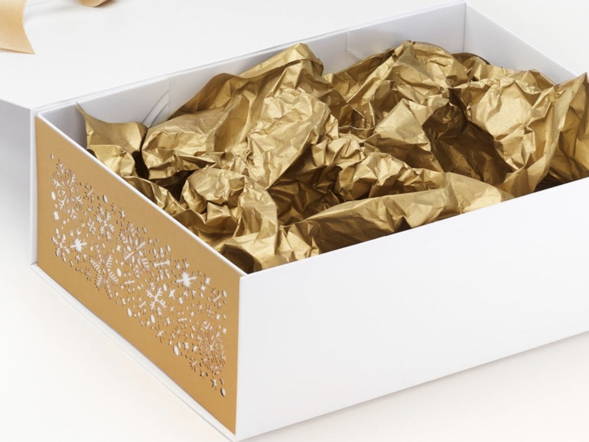 Gold Tissue Paper Featured with Gold Snowflake FAB Sides® Featured on White A4 Deep Gift Box