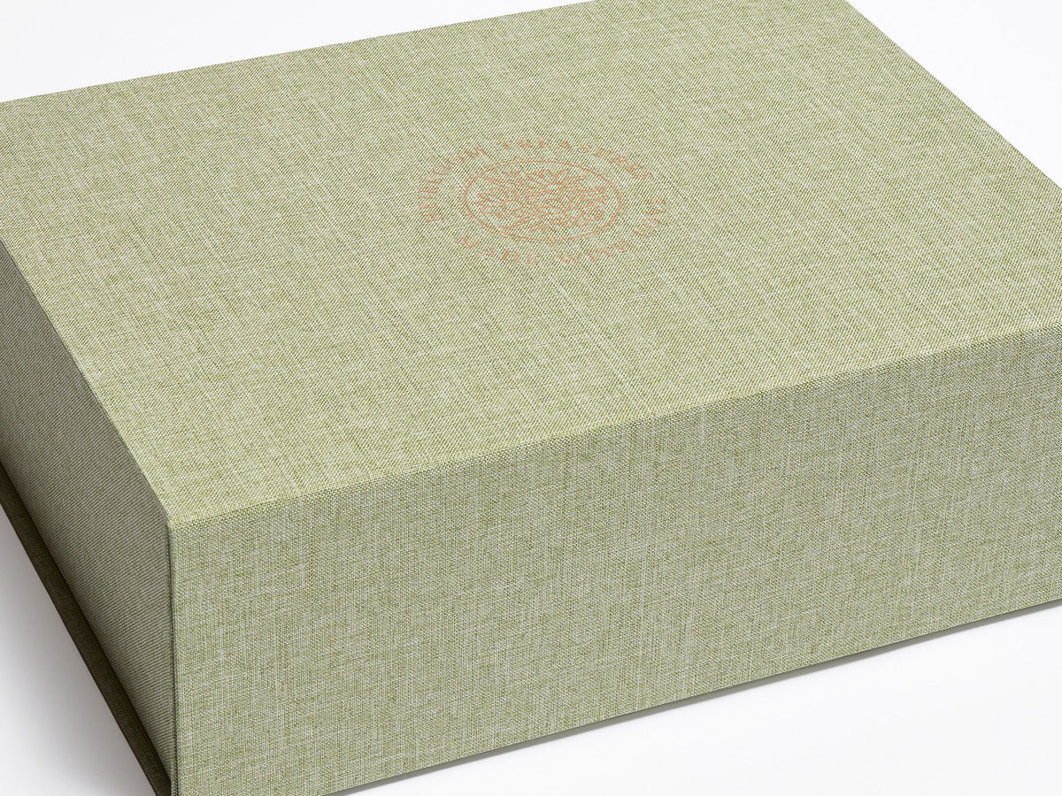 Sage Green A4 Deep Linen Gift Boxes with Rose Gold Foiled Logo